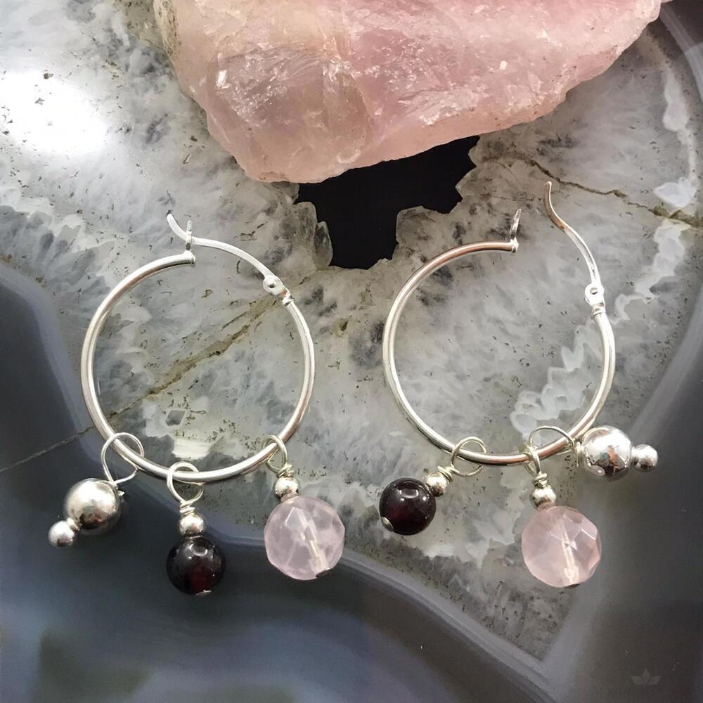 Carolyn Pollack Sterling Removable Rose Quartz & Garnet Bead Hoop Earrings